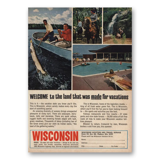 1965 Wisconsin Land Made for Vacations Vintage Magazine Print Ad