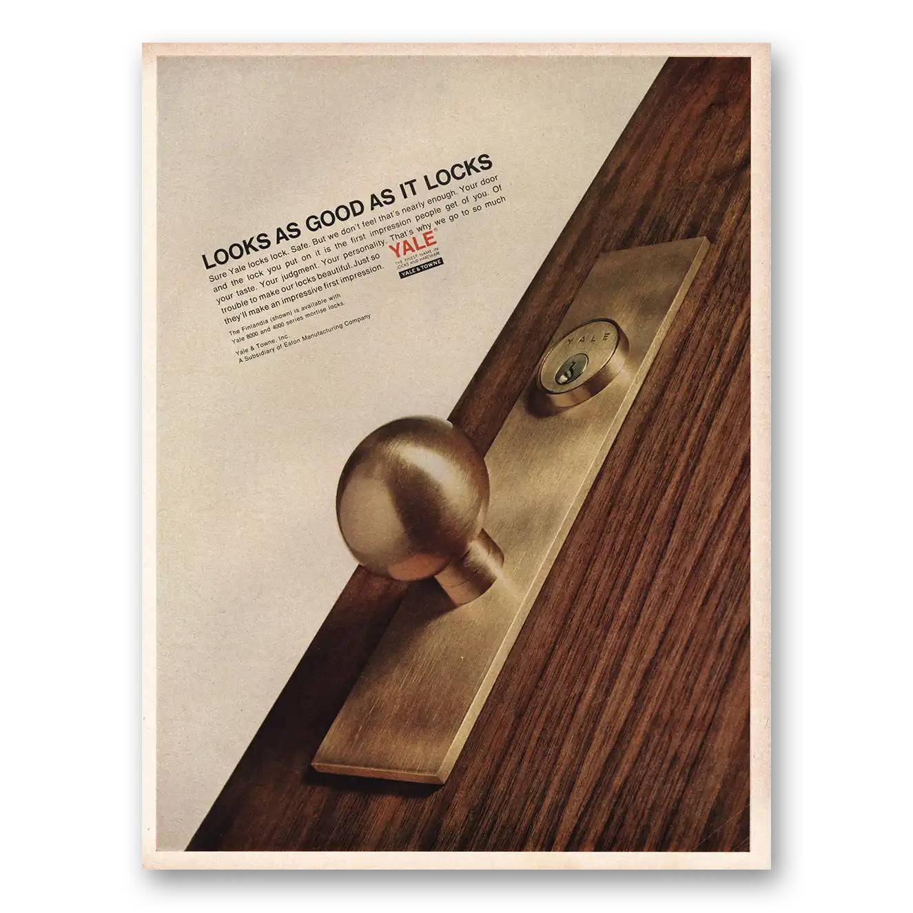 1965 Yale & Towne Lock Looks As Good As It Locks Vintage Magazine Print Ad