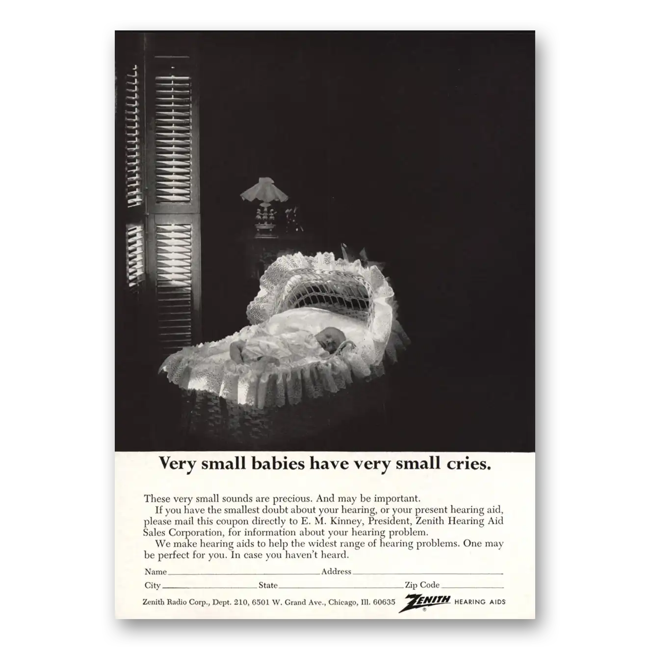 1965 Zenith Hearing Aid Very Small Babies Have Very Small Cries Vintage Magazine Print Ad