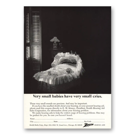 1965 Zenith Hearing Aid Very Small Babies Have Very Small Cries Vintage Magazine Print Ad