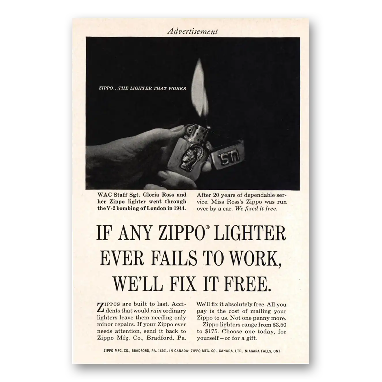 1965 Zippo Lighter Fails to Work Fix It Free Vintage Magazine Print Ad