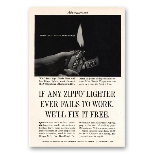 1965 Zippo Lighter Fails to Work Fix It Free Vintage Magazine Print Ad