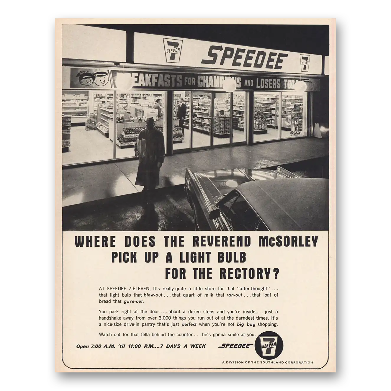 1966 7 Eleven Speedee Reverend McSorley Pick Up Light Bulb Vintage Magazine Print Ad