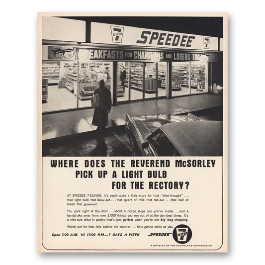 1966 7 Eleven Speedee Reverend McSorley Pick Up Light Bulb Vintage Magazine Print Ad