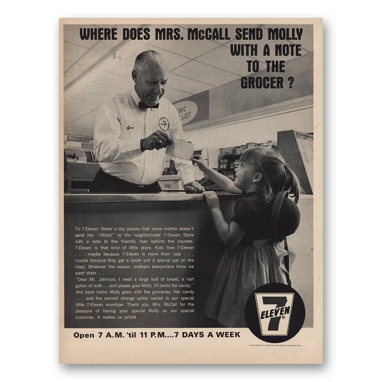 1966 7 Eleven Where Does Mrs McCall Send Molly Vintage Magazine Print Ad