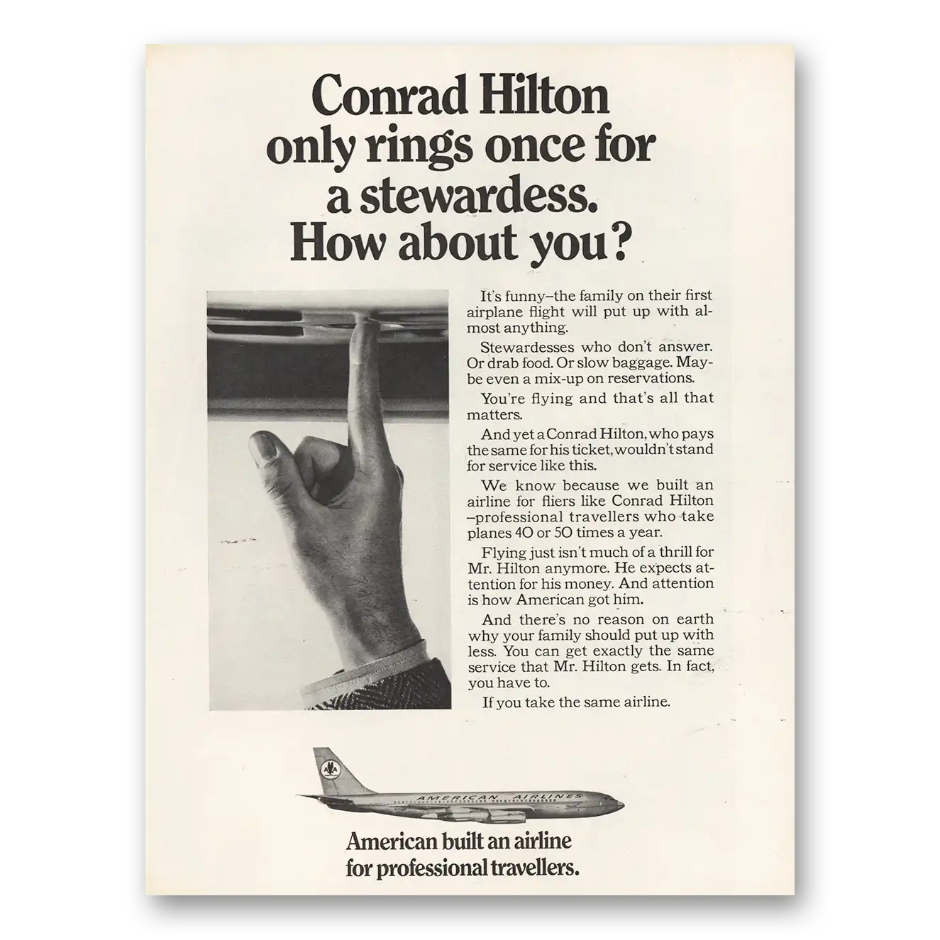 1966 American Airlines Conrad Hilton Only Rings Once Vintage Magazine Print Ad