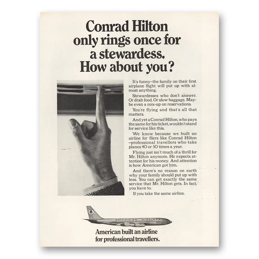 1966 American Airlines Conrad Hilton Only Rings Once Vintage Magazine Print Ad