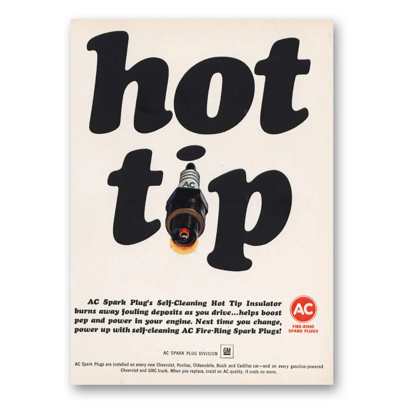 1966 AC Spark Plugs Hot Tip Self Cleaning Vintage Magazine Print Ad