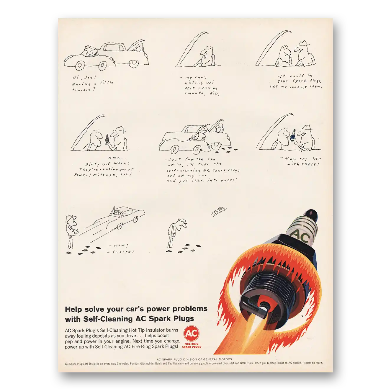 1966 AC Spark Plugs Solve Your Cars Power Problems Vintage Magazine Print Ad