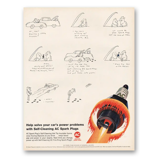 1966 AC Spark Plugs Solve Your Cars Power Problems Vintage Magazine Print Ad