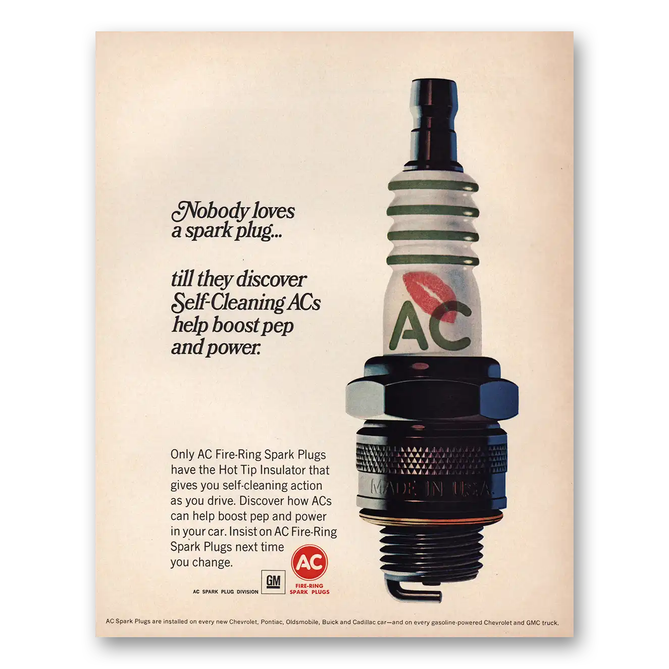 1966 AC Spark Plugs Nobody Loves a Spark Plug Vintage Magazine Print Ad