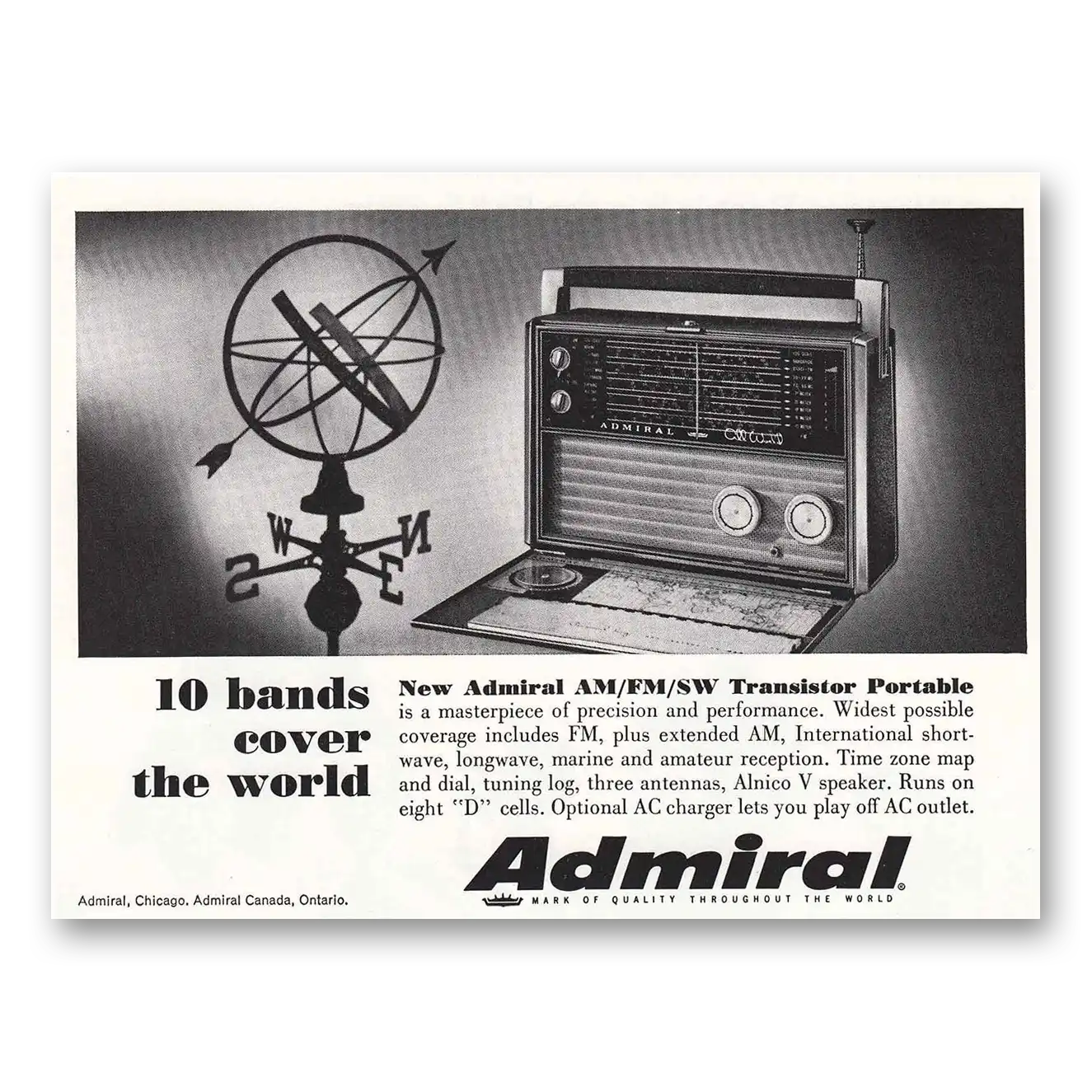 1966 Admiral Radio Transistor Portable 10 Bands Cover the World Vintage Magazine Print Ad