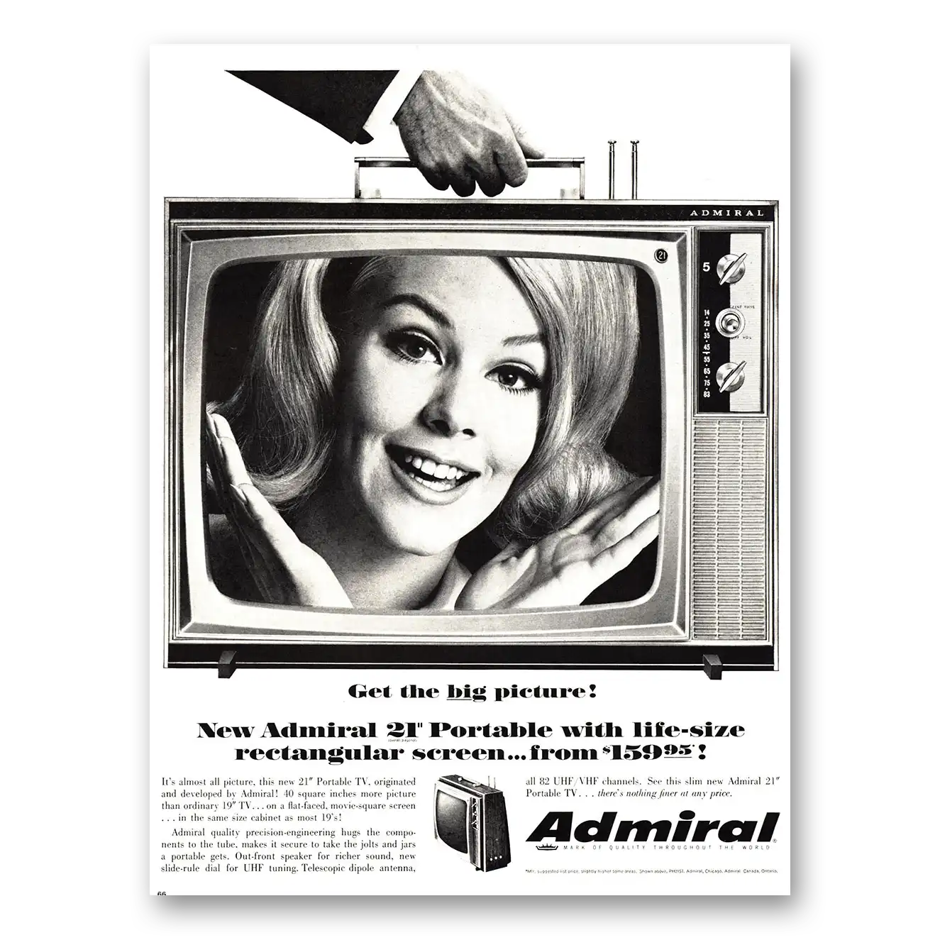 1966 Admiral Television Get the Big Picture Vintage Magazine Print Ad