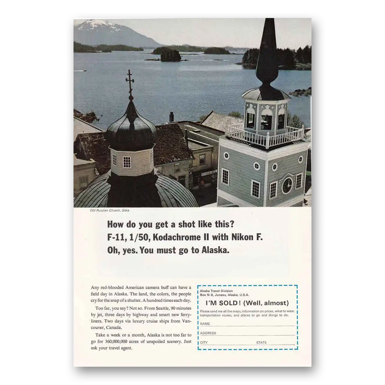 1966 Alaska Old Russian Church Sitka Vintage Magazine Print Ad