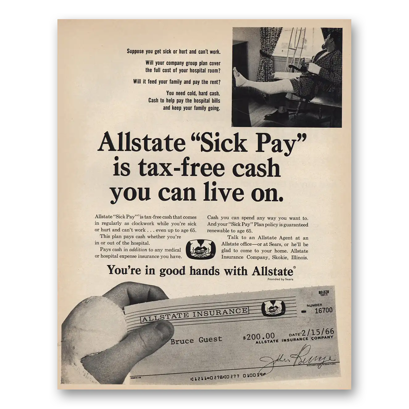 1966 Allstate Insurance Sick Pay is Tax Free Cash Vintage Magazine Print Ad