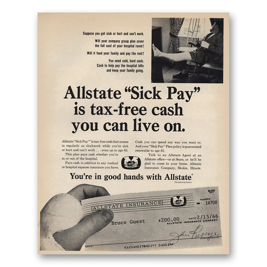 1966 Allstate Insurance Sick Pay is Tax Free Cash Vintage Magazine Print Ad