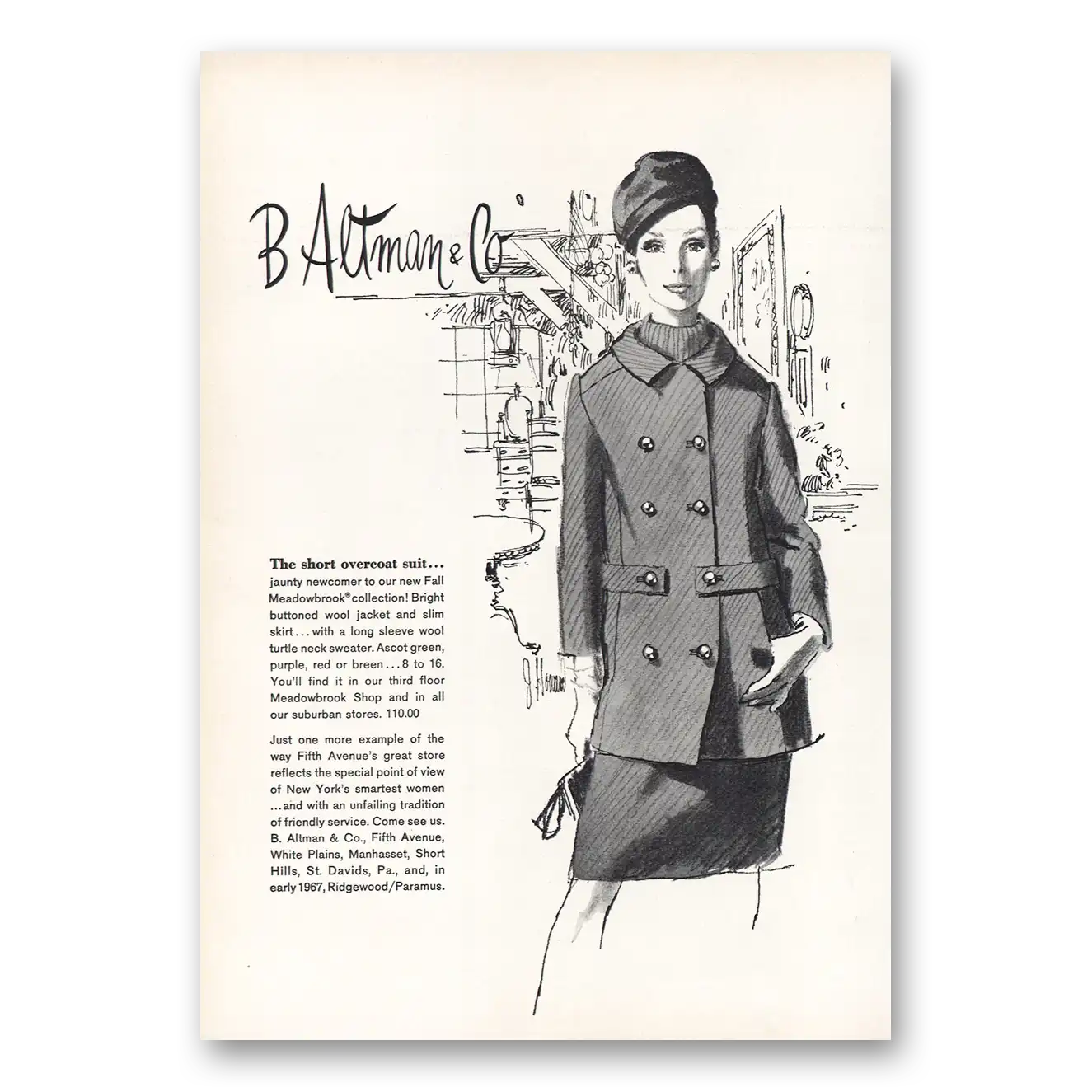 1966 B Altman Short Overcoat Suit Vintage Magazine Print Ad