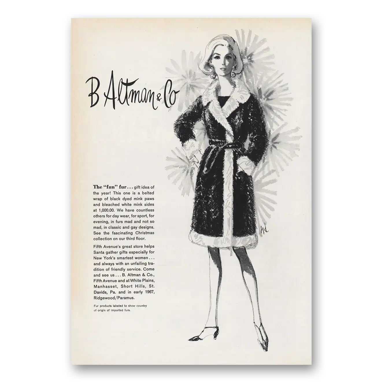 1966 B Altman Fun Fur Gift Idea Vintage Magazine Print Ad