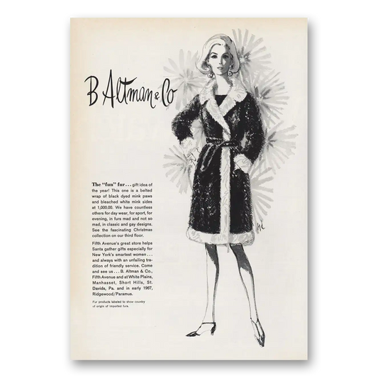 1966 B Altman Fun Fur Gift Idea Vintage Magazine Print Ad