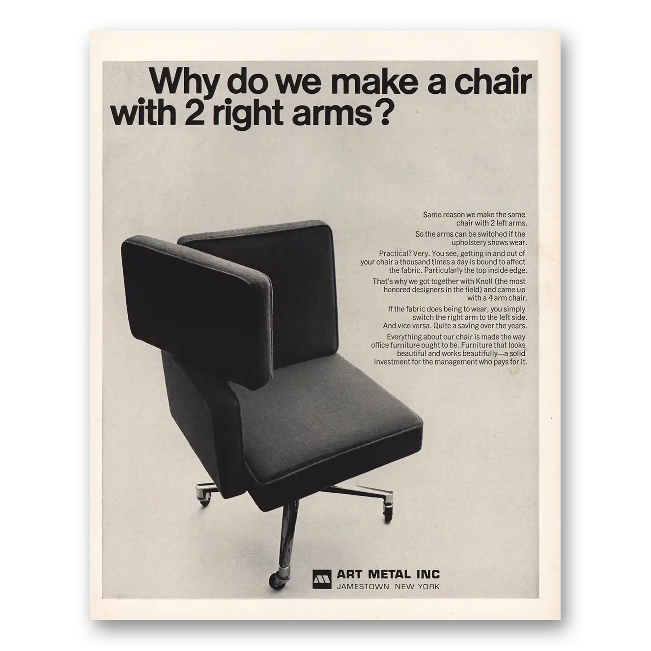 1966 Art Metal Inc Chair With 2 Right Arms Vintage Magazine Print Ad