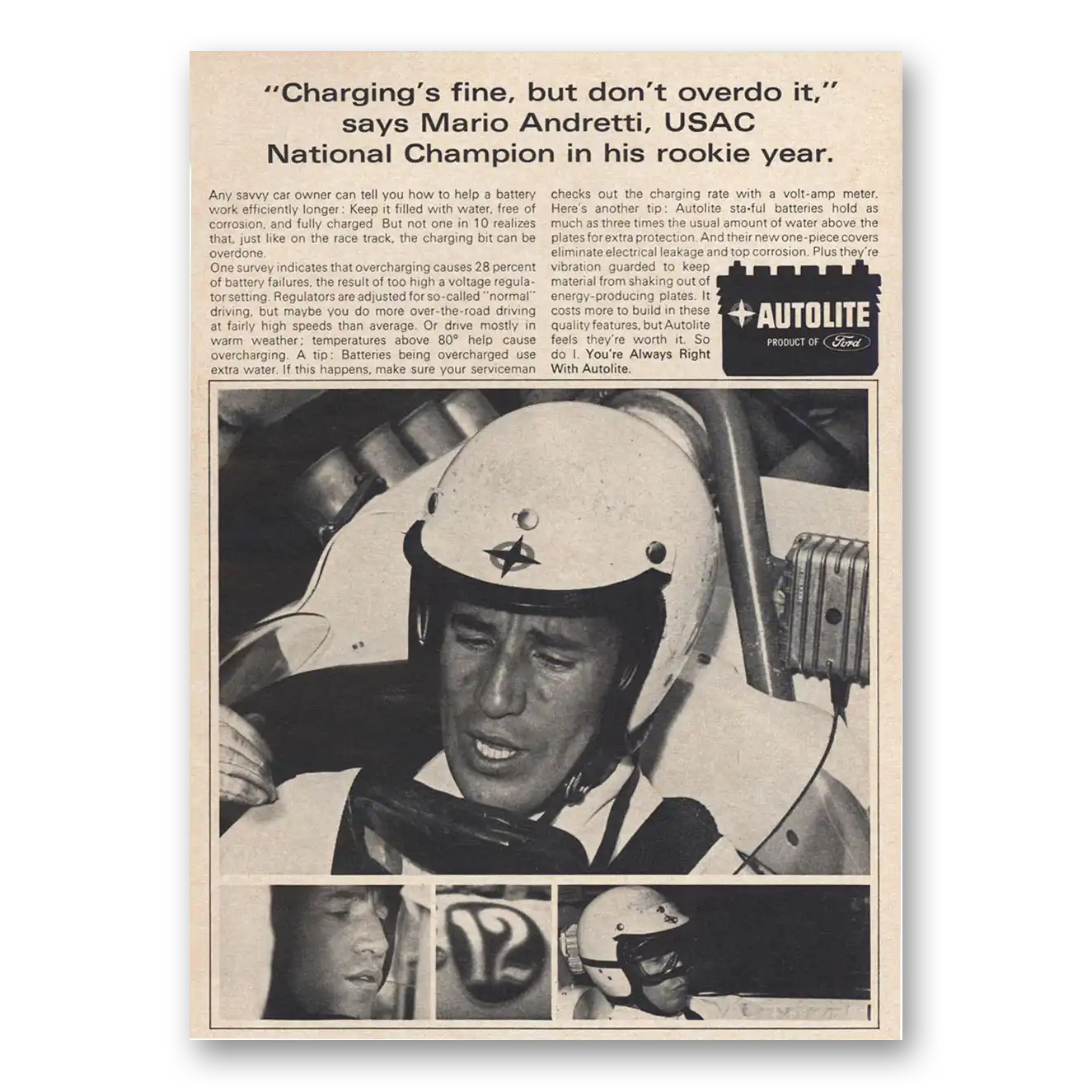 1966 Autolite Spark Plugs Mario Andretti Rookie Year Vintage Magazine Print Ad