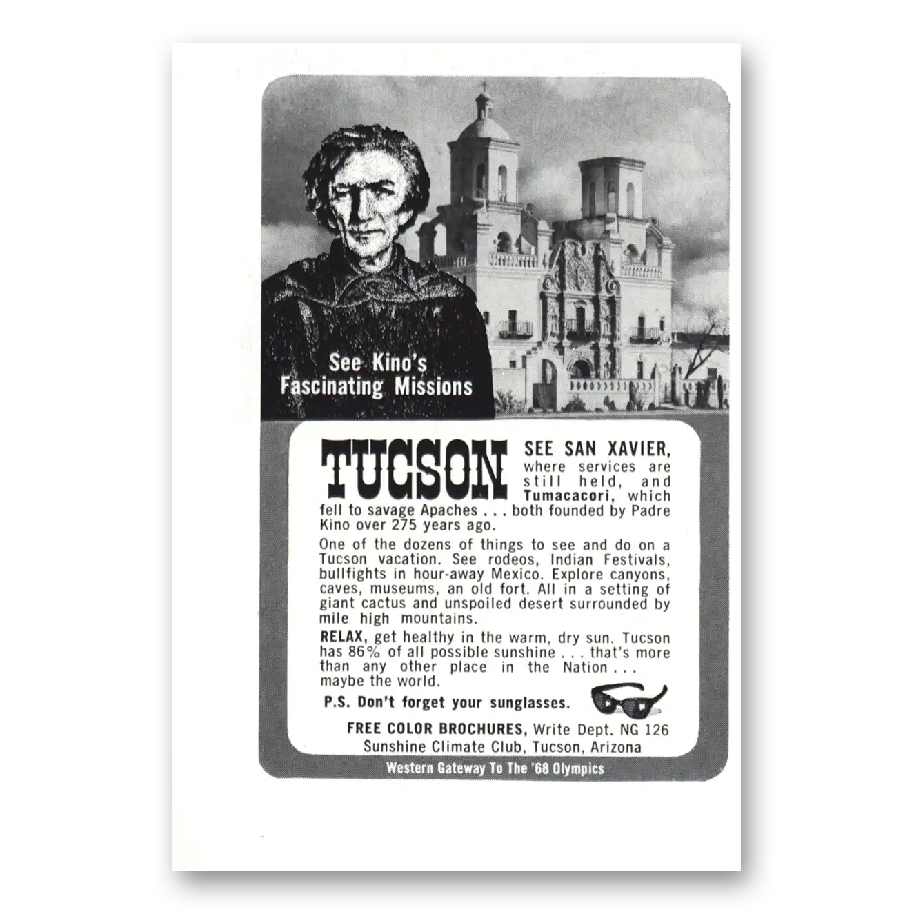 1966 Tucson Arizona Kino's Fascinating Missions Vintage Magazine Print Ad