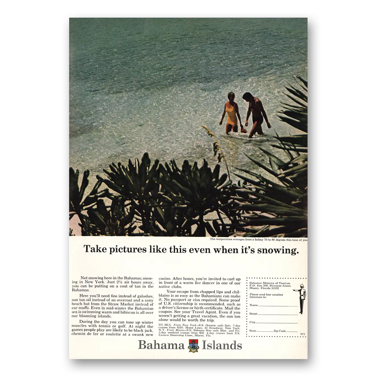 1966 Bahamas Take Pictures Even When Its Snowing Vintage Magazine Print Ad