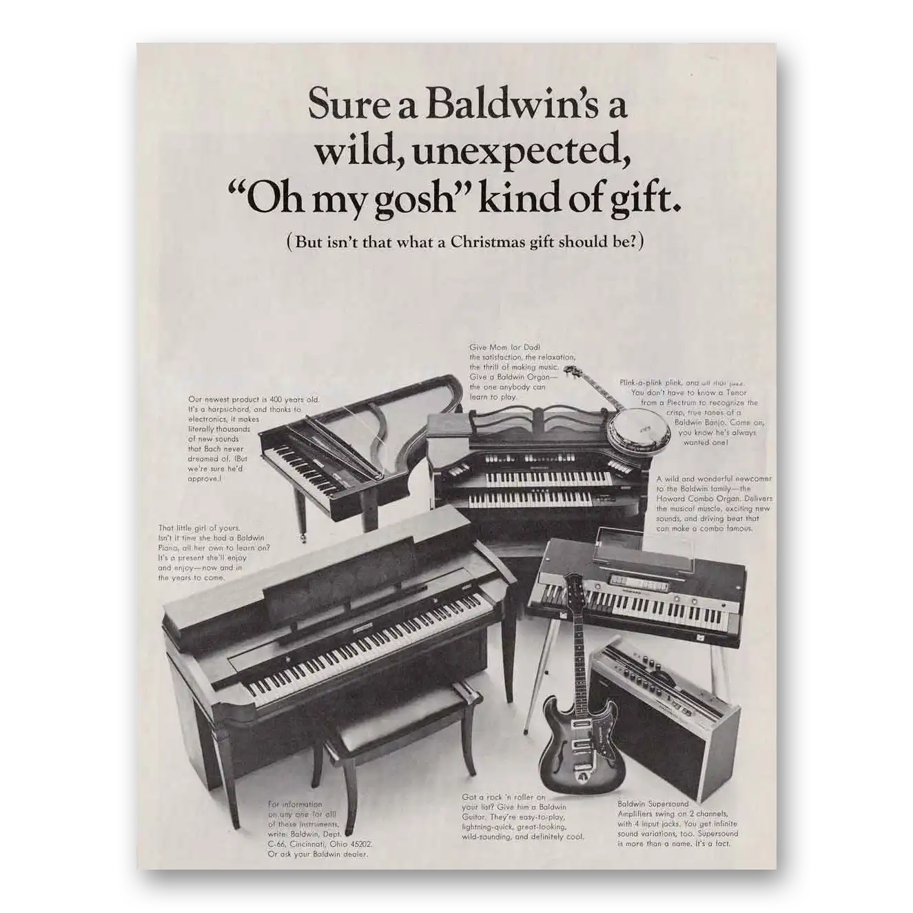 1966 Baldwin Piano Wild Unexpected O My Gosh Kind of Gift Vintage Magazine Print Ad