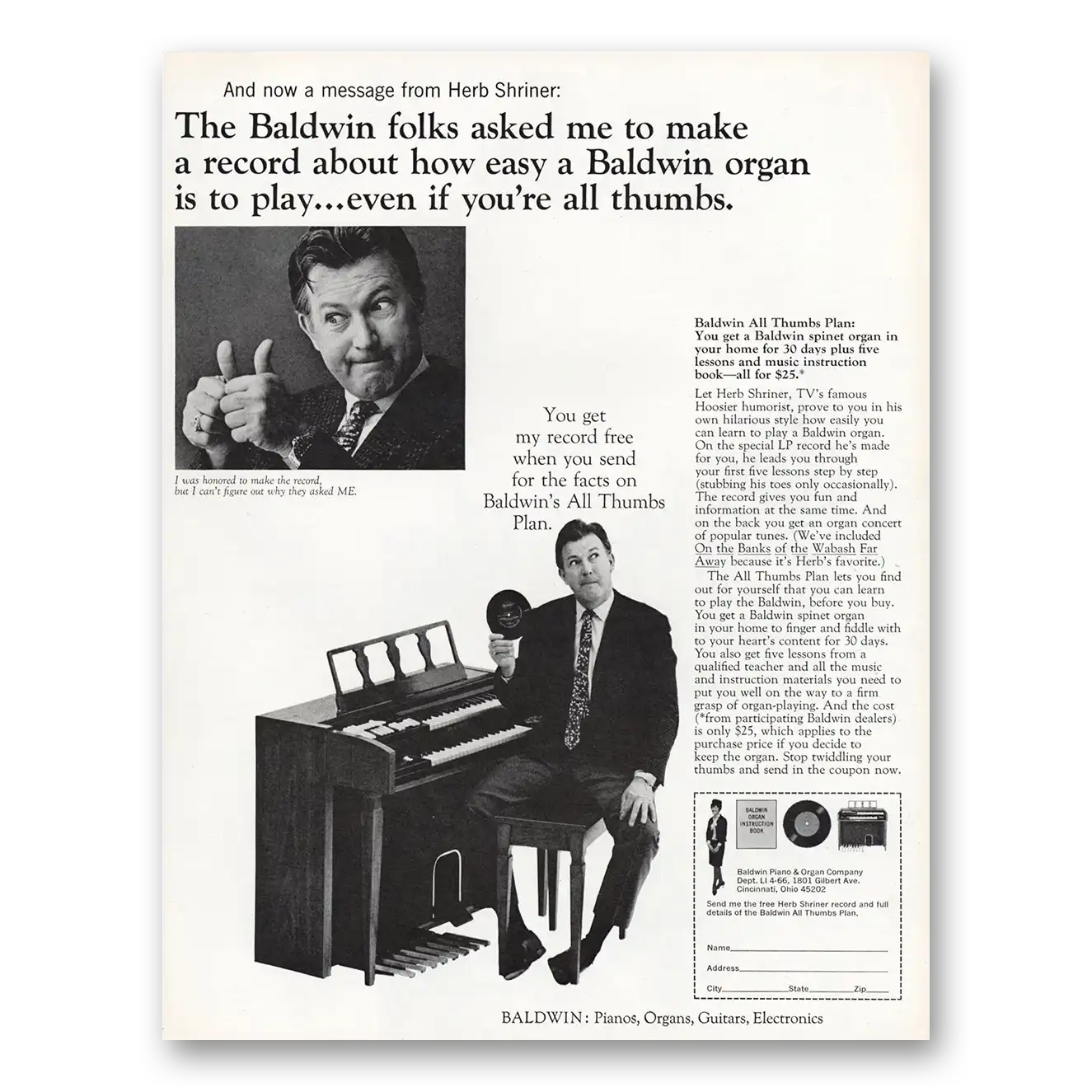 1966 Baldwin Home Organ All Thumbs Herb Shriner Vintage Magazine Print Ad