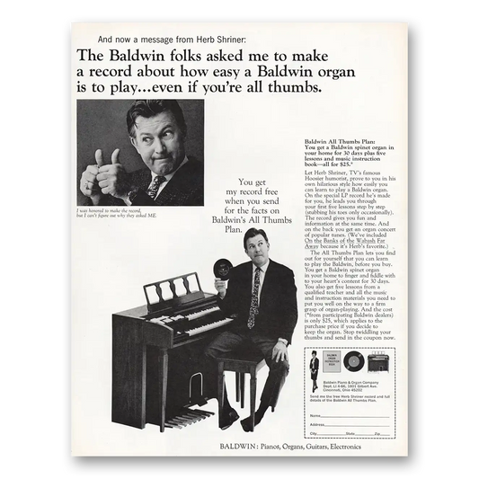 1966 Baldwin Home Organ All Thumbs Herb Shriner Vintage Magazine Print Ad