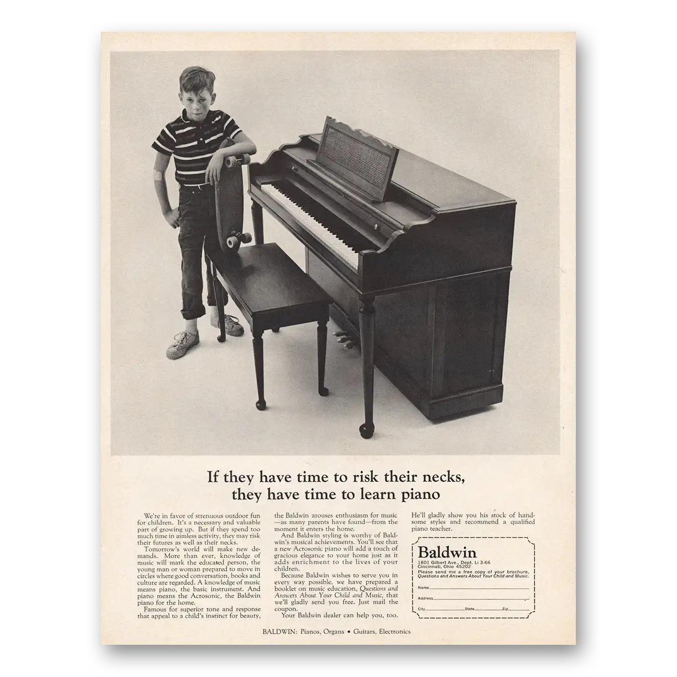 1966 Baldwin Piano They Have Time to Risk Their Necks Vintage Magazine Print Ad