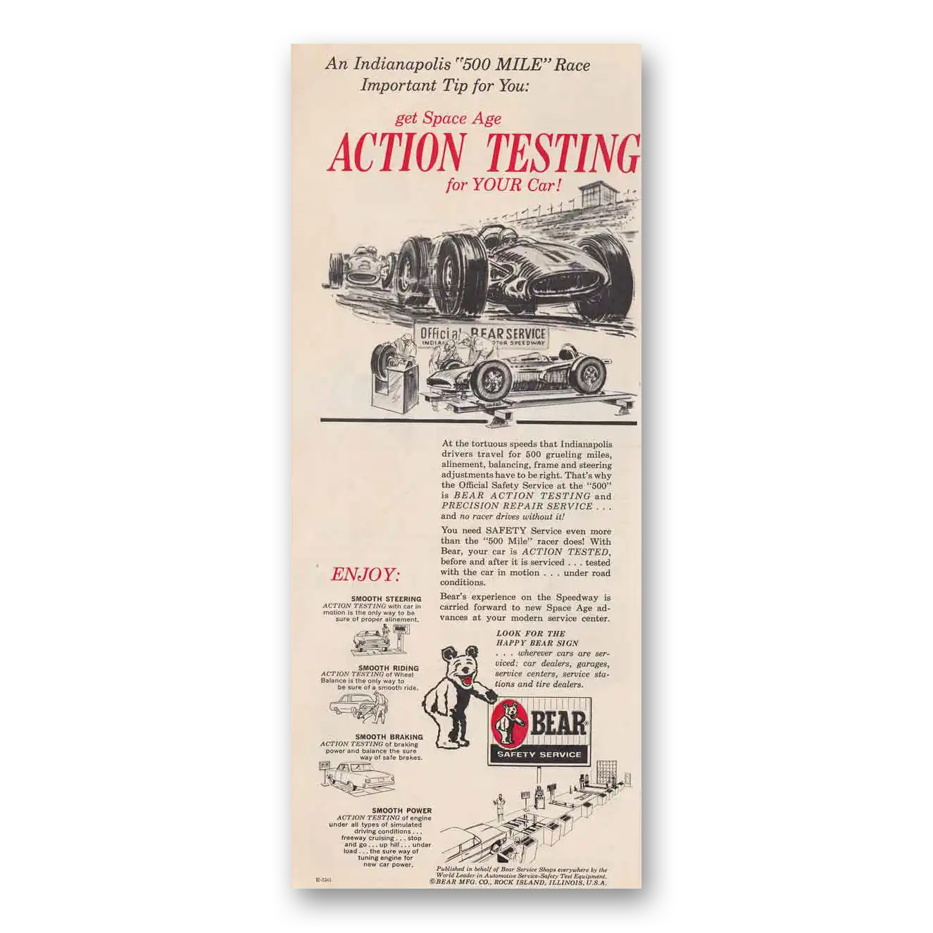 1966 Bear Safety Service Indianapolis 500 Mile Race Action Test Vintage Magazine Print Ad