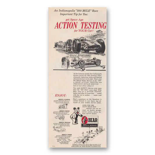 1966 Bear Safety Service Indianapolis 500 Mile Race Action Test Vintage Magazine Print Ad