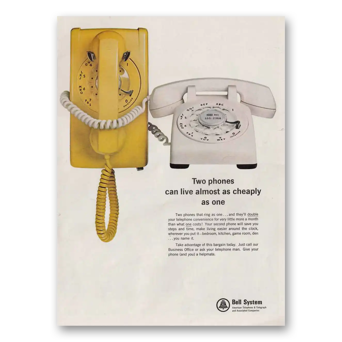 1966 Bell Telephone Two Phones Can Live Almost As Cheap Vintage Magazine Print Ad