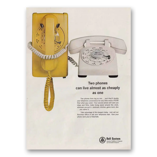 1966 Bell Telephone Two Phones Can Live Almost As Cheap Vintage Magazine Print Ad