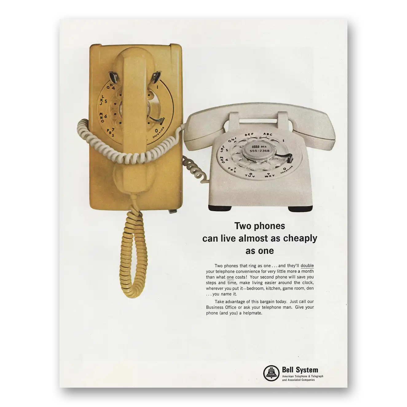 1966 Bell Telephone Two Phones Can Live Almost as Cheaply as One Vintage Magazine Print Ad