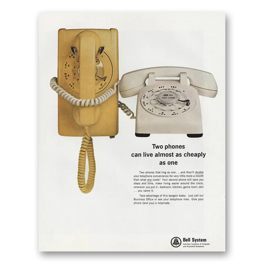 1966 Bell Telephone Two Phones Can Live Almost as Cheaply as One Vintage Magazine Print Ad