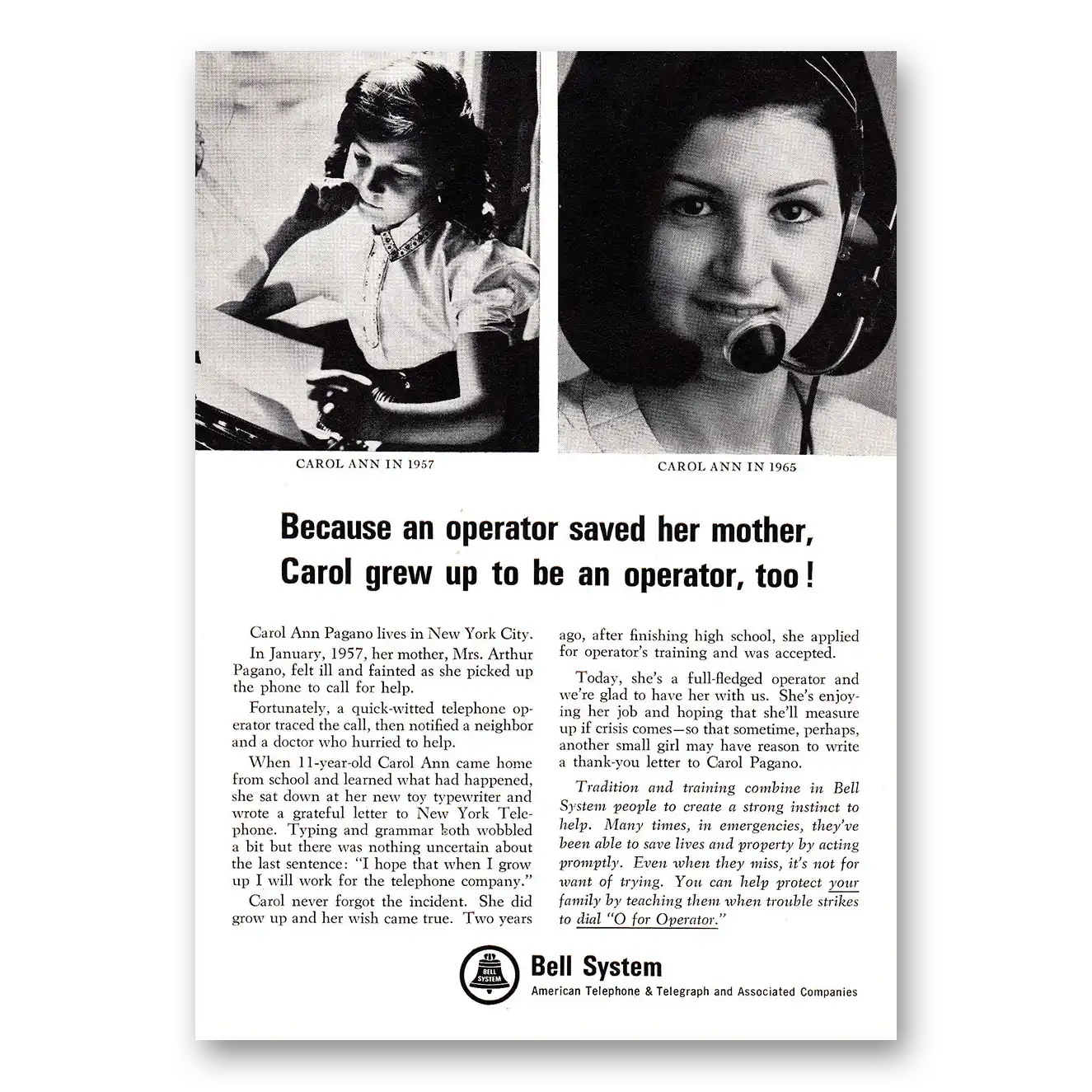 1966 Bell Telephone Because an Operator Saved Her Mother Vintage Magazine Print Ad