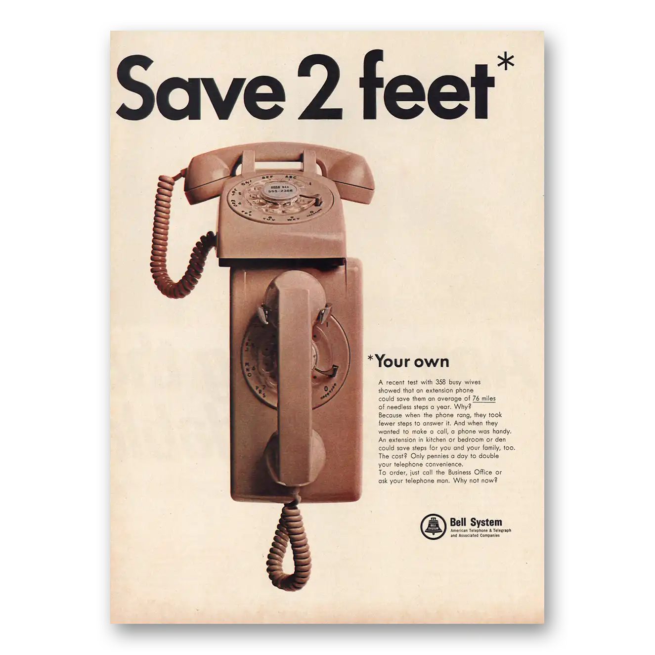 1966 Bell Telephone Save Two Feet Your Own Vintage Magazine Print Ad