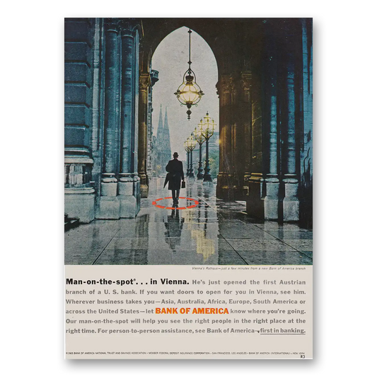 1966 Bank of America Man On the Spot in Vienna Vintage Magazine Print Ad