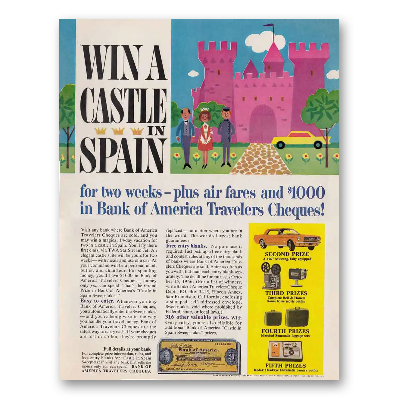 1966 Bank of America Travelers Cheques Travelers Cheques Win a Castle Vintage Magazine Print Ad