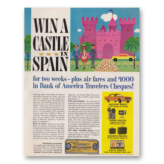 1966 Bank of America Travelers Cheques Travelers Cheques Win a Castle Vintage Magazine Print Ad