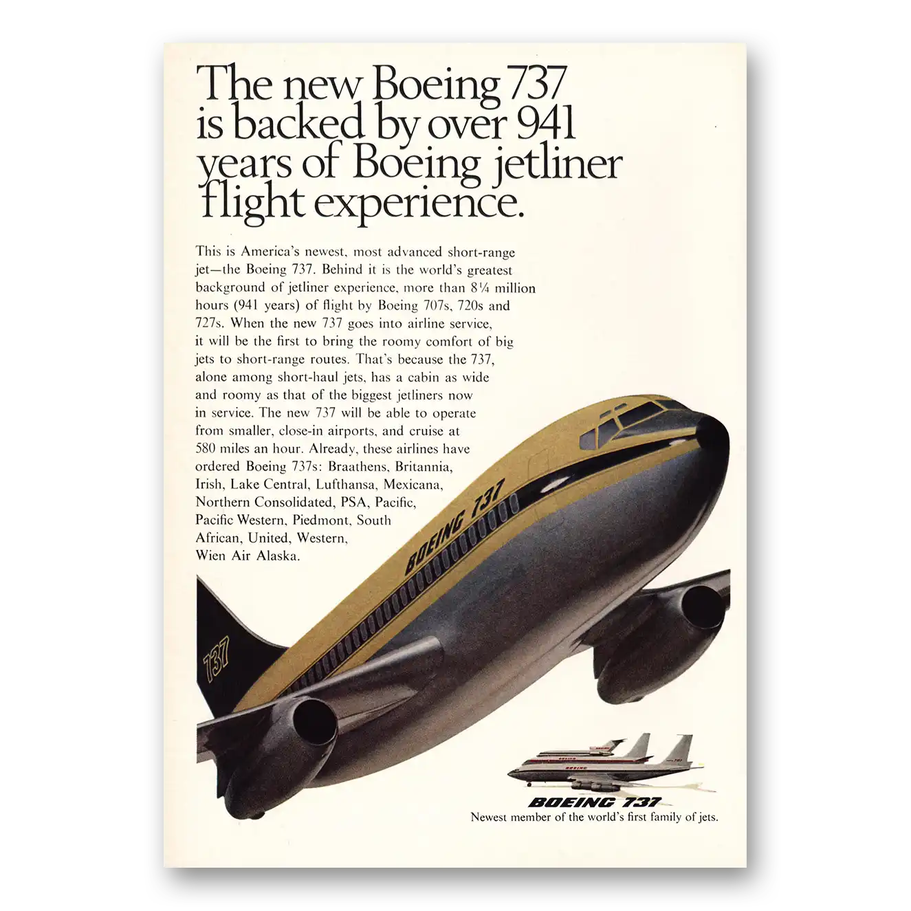 1966 Boeing 737 Backed By Over 941 Years Vintage Magazine Print Ad