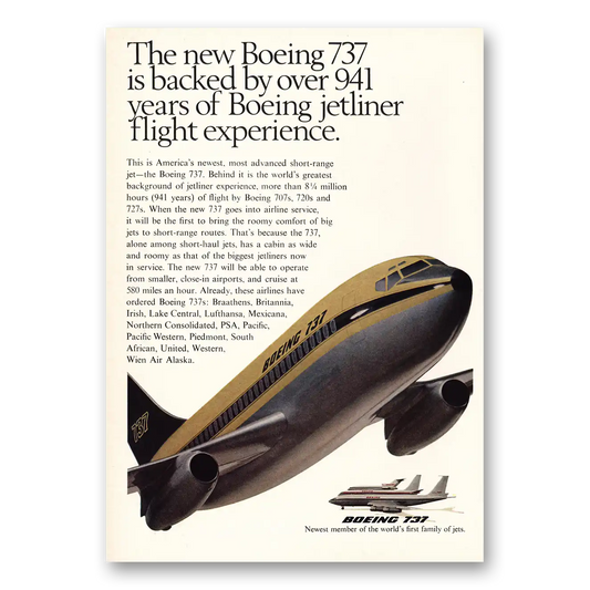 1966 Boeing 737 Backed By Over 941 Years Vintage Magazine Print Ad