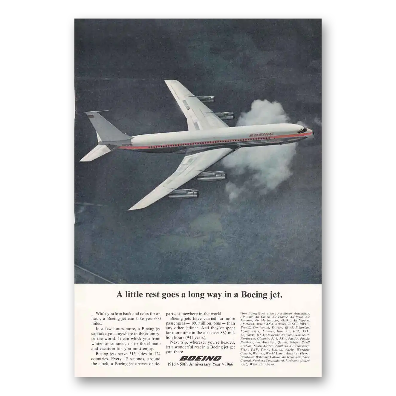 1966 Boeing Jetliners Little Rest Goes a Long Way Vintage Magazine Print Ad