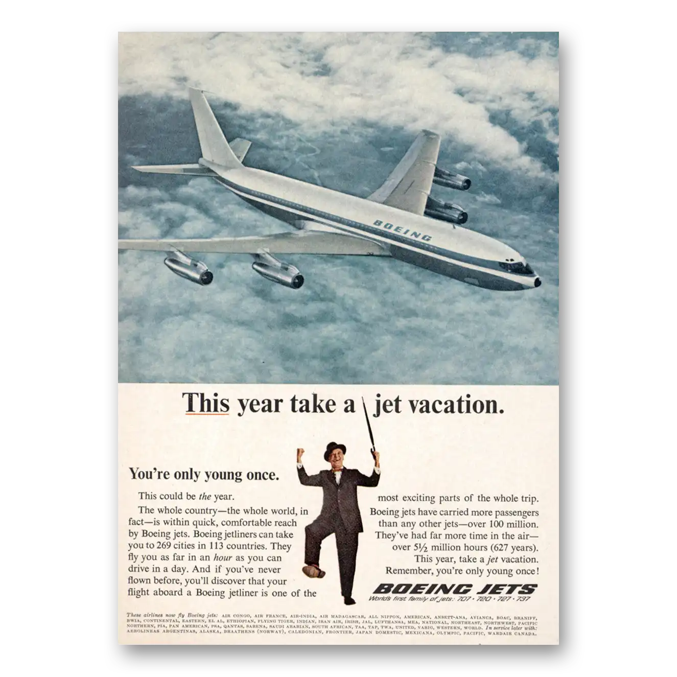 1966 Boeing Jets This Year Take a Jet Vacation You're Only Young Once Vintage Magazine Print Ad