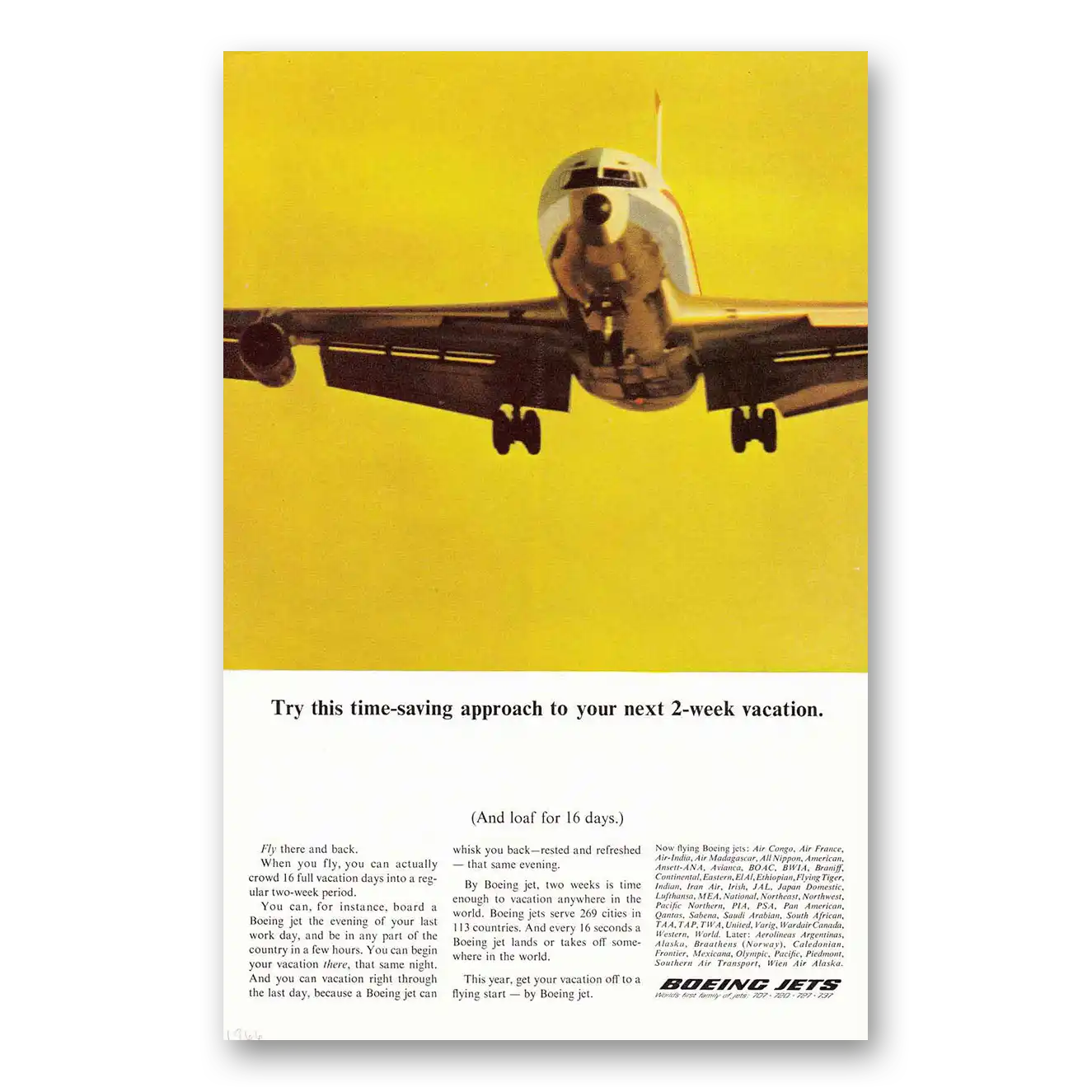 1966 Boeing Jets Time Saving Approach 2 Week Vacation Vintage Magazine Print Ad