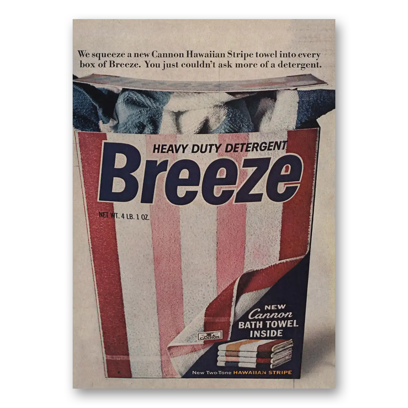 1966 Breeze Detergent Cannon Hawaiian Stripe Towel Vintage Magazine Print Ad