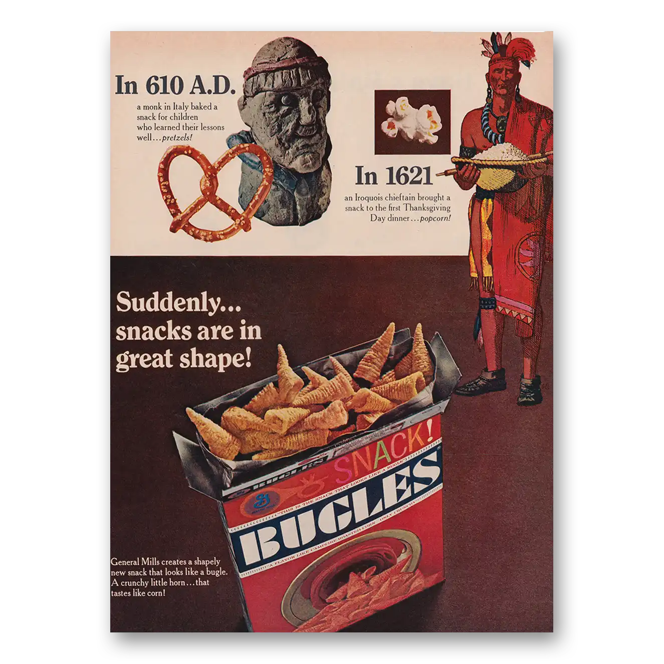 1966 Bugles Snacks Suddenly Snacks Are In Great Shape Vintage Magazine Print Ad