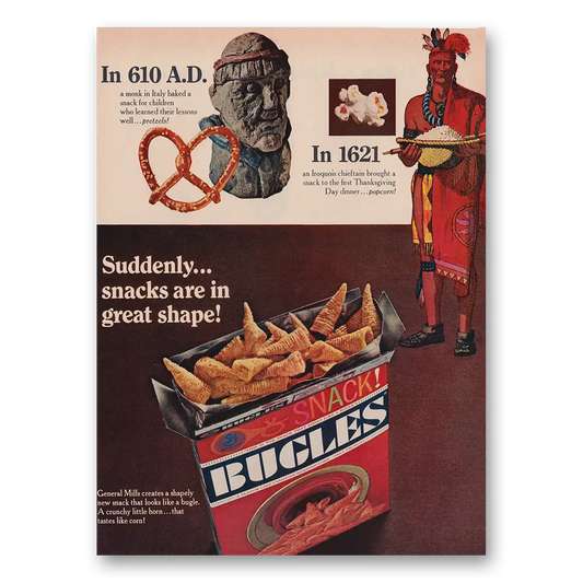 1966 Bugles Snacks Suddenly Snacks Are In Great Shape Vintage Magazine Print Ad